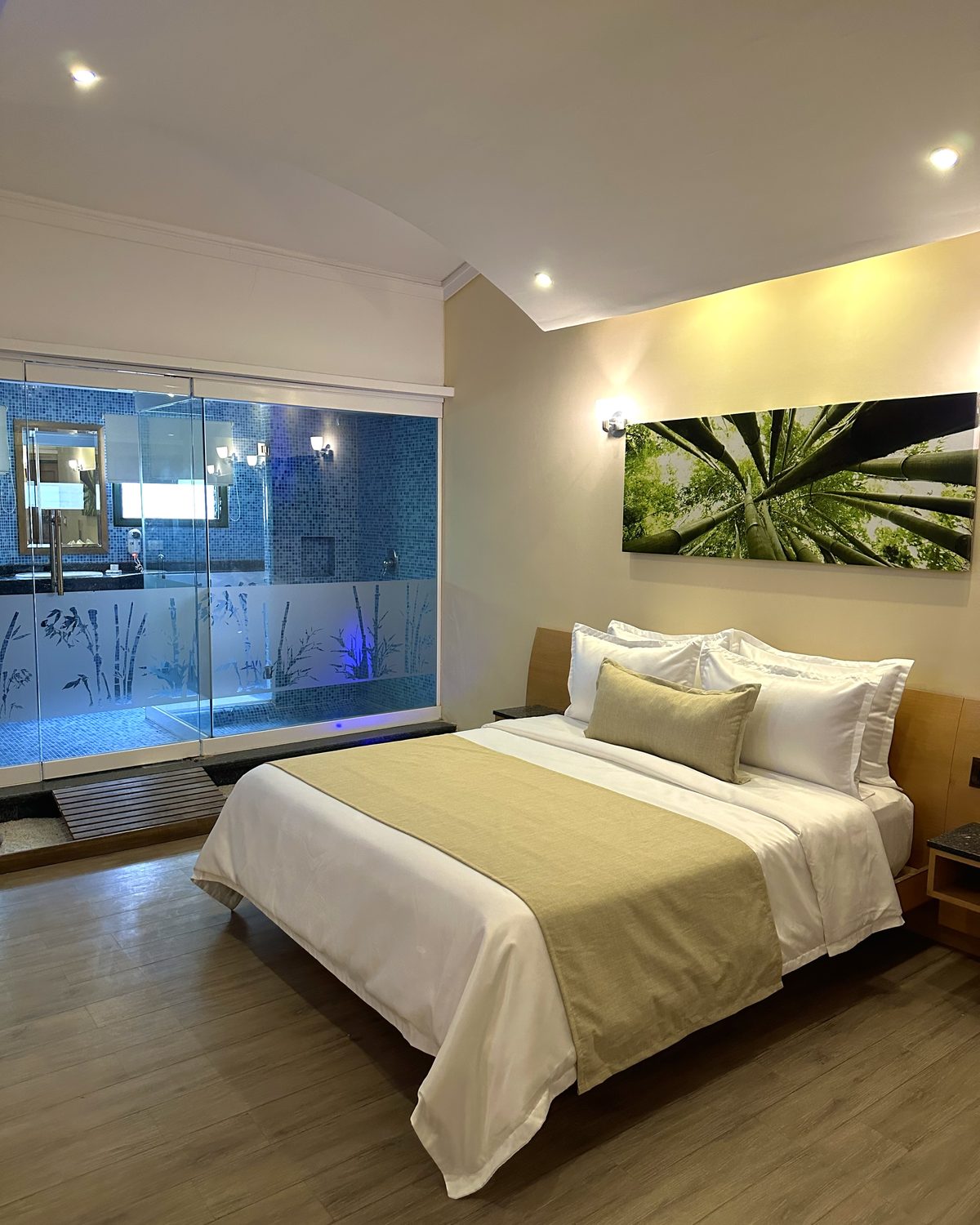 Terraza Premium: cama Queen con cabecero de madera y baño de vidrio al fondo